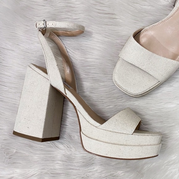 Steve Madden Beige Tan Cream Canvas Chunky Warped Platform Block Heel Sandals - Picture 1 of 8
